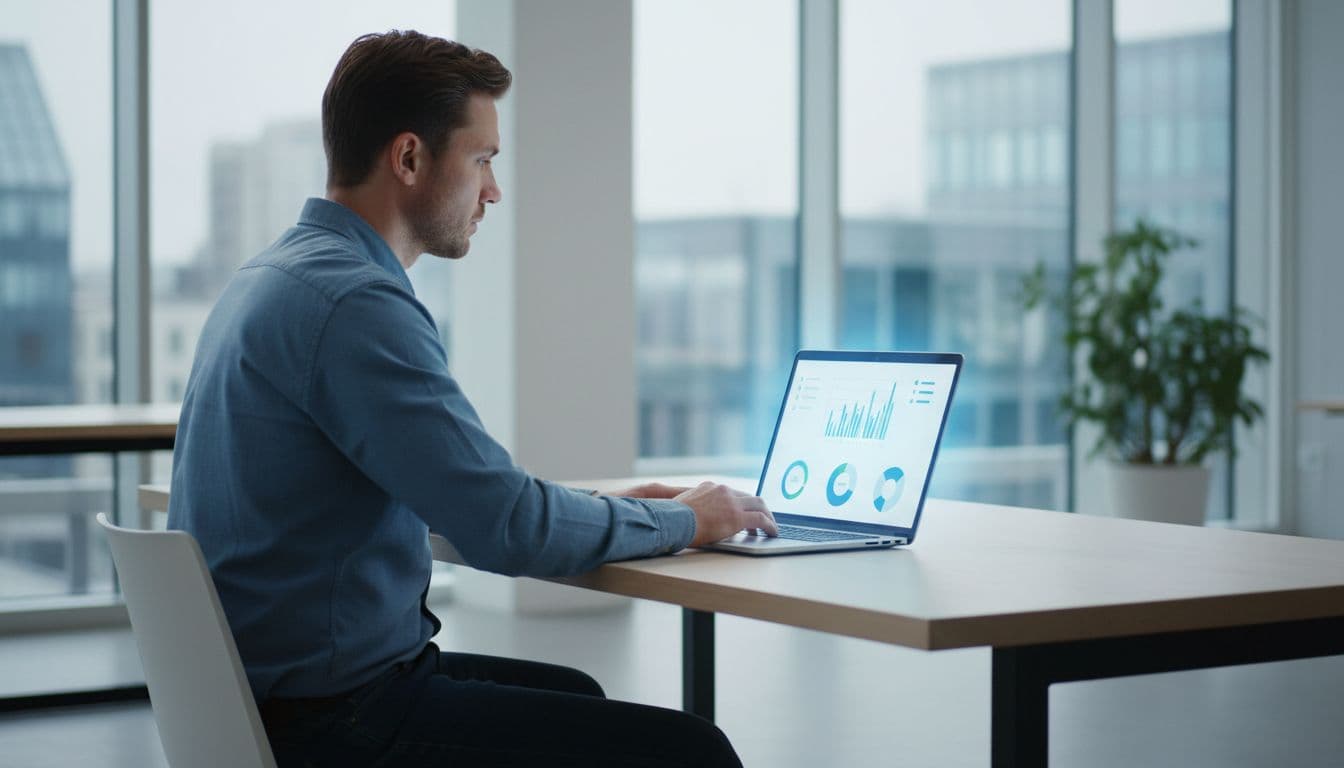 A single IT professional in a modern office at a desk views a laptop screen showing a generic device management dashboard with charts and list icons, highlighted by natural daylight and screen glow.