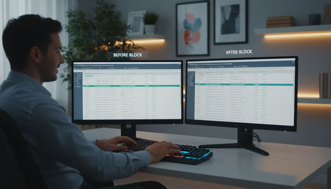 IT admin at desk with dual monitors showing sign-in logs before and after policy block, hands on keyboard.