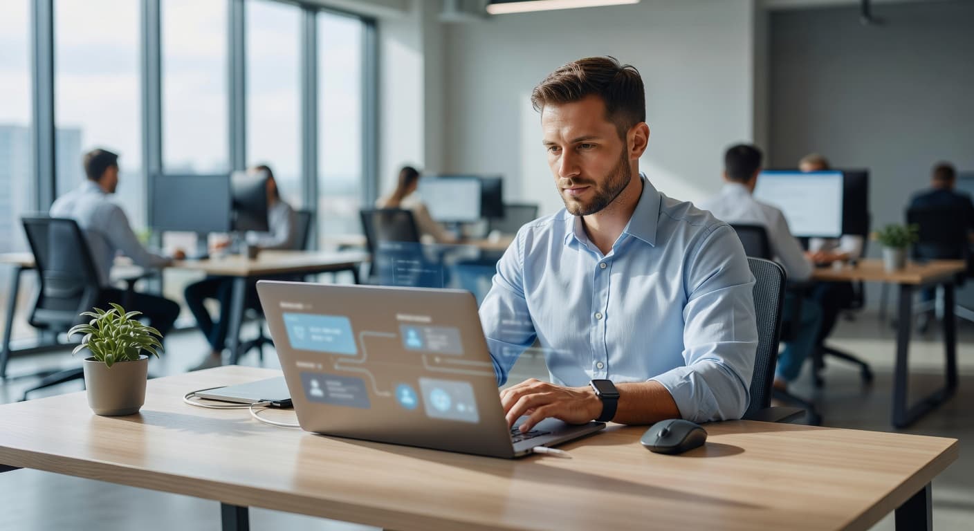 A focused IT professional sits at a clean, modern desk reviewing blurred cloud security interfaces on a laptop screen. The bright office setting includes glass walls and minimalist decor elements.