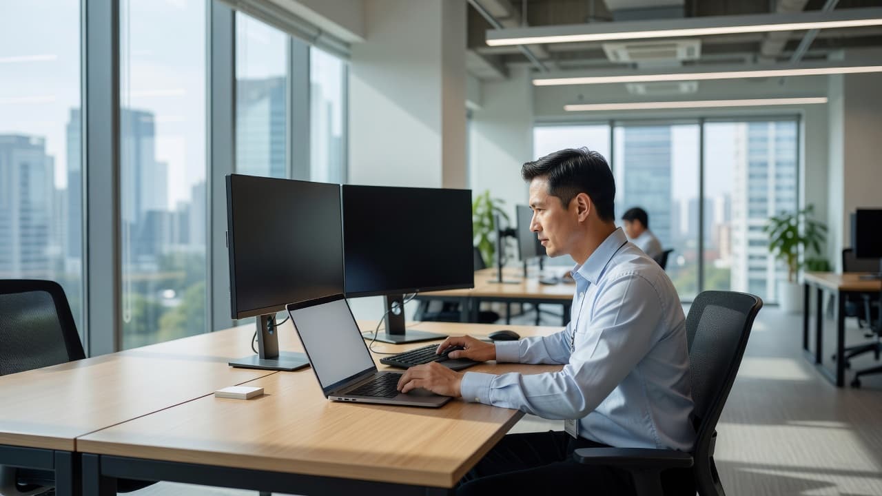 A technician sits at a sleek desk featuring dual monitors and an open laptop in a sunlit office. Cables are neatly managed as they perform system compliance checks on the displays.