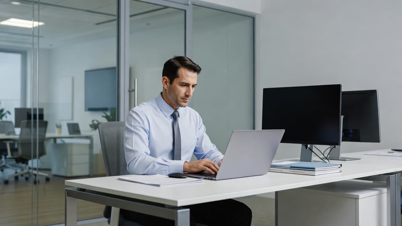 An IT professional sits at a clean wooden desk, carefully reviewing digital documentation on a laptop. Stacked files and office supplies are neatly organized on the desk in a bright, modern office.