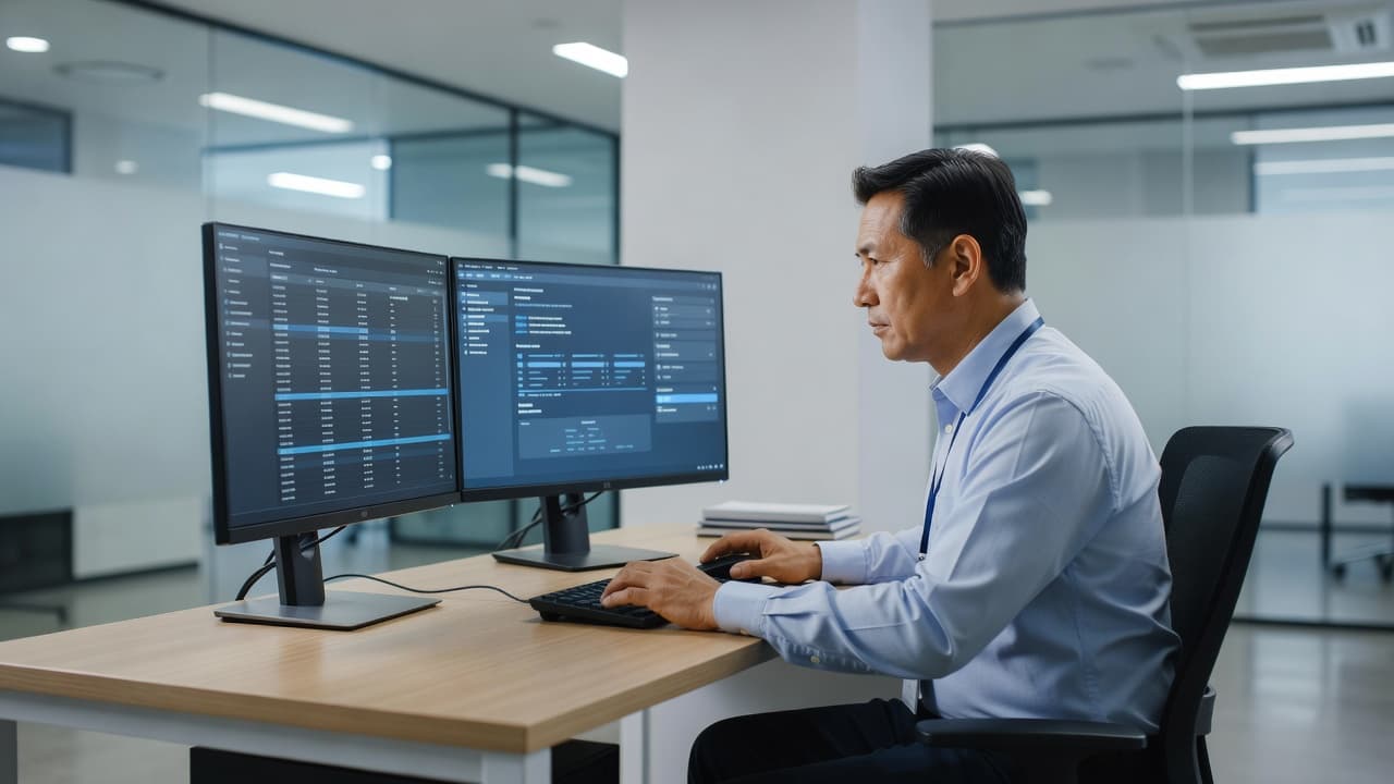 An IT professional reviewing network system logs on a computer screen in an office.