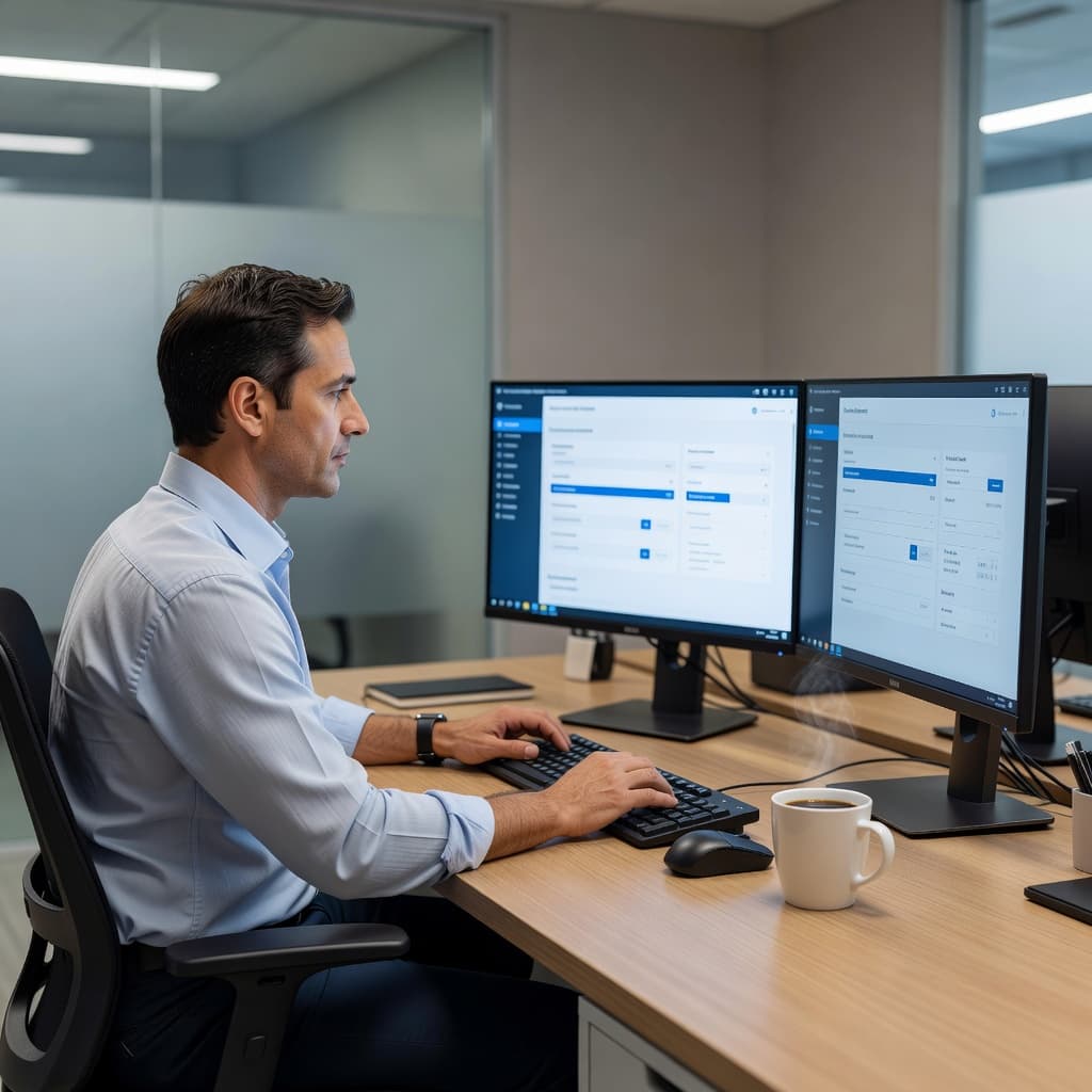 A professional IT administrator sits at a clean desk facing dual computer monitors showing complex security interfaces. A steaming cup of coffee rests nearby in this organized, high-tech office environment.