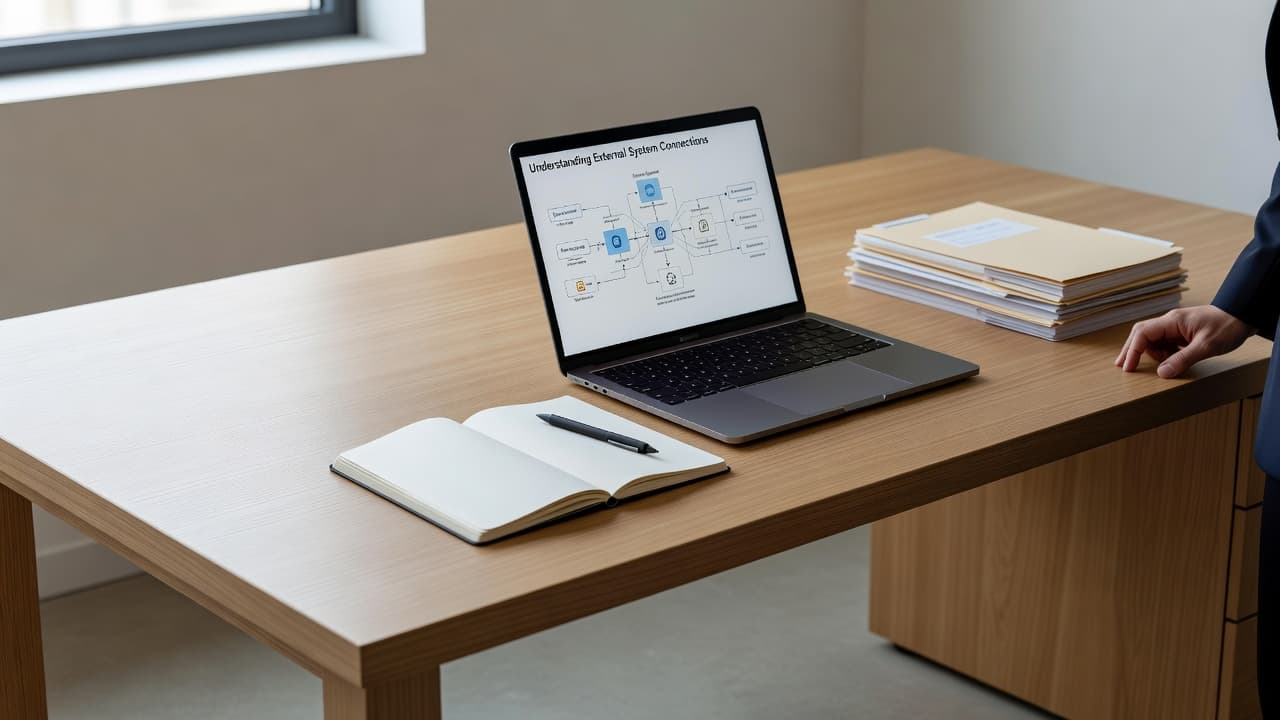 A laptop and notebook on a wooden desk with natural office lighting.