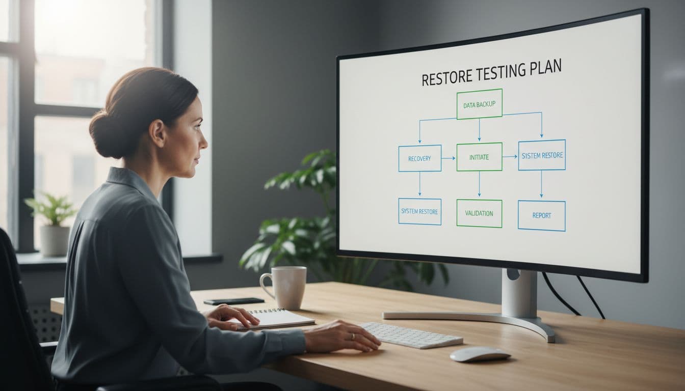 An IT compliance specialist in a secure office reviews a simple restore testing flowchart on a large monitor, featuring diagram boxes connected by arrows. The modern desk includes a notebook and coffee mug, illuminated by natural daylight, with the professional's hands resting on the desk.