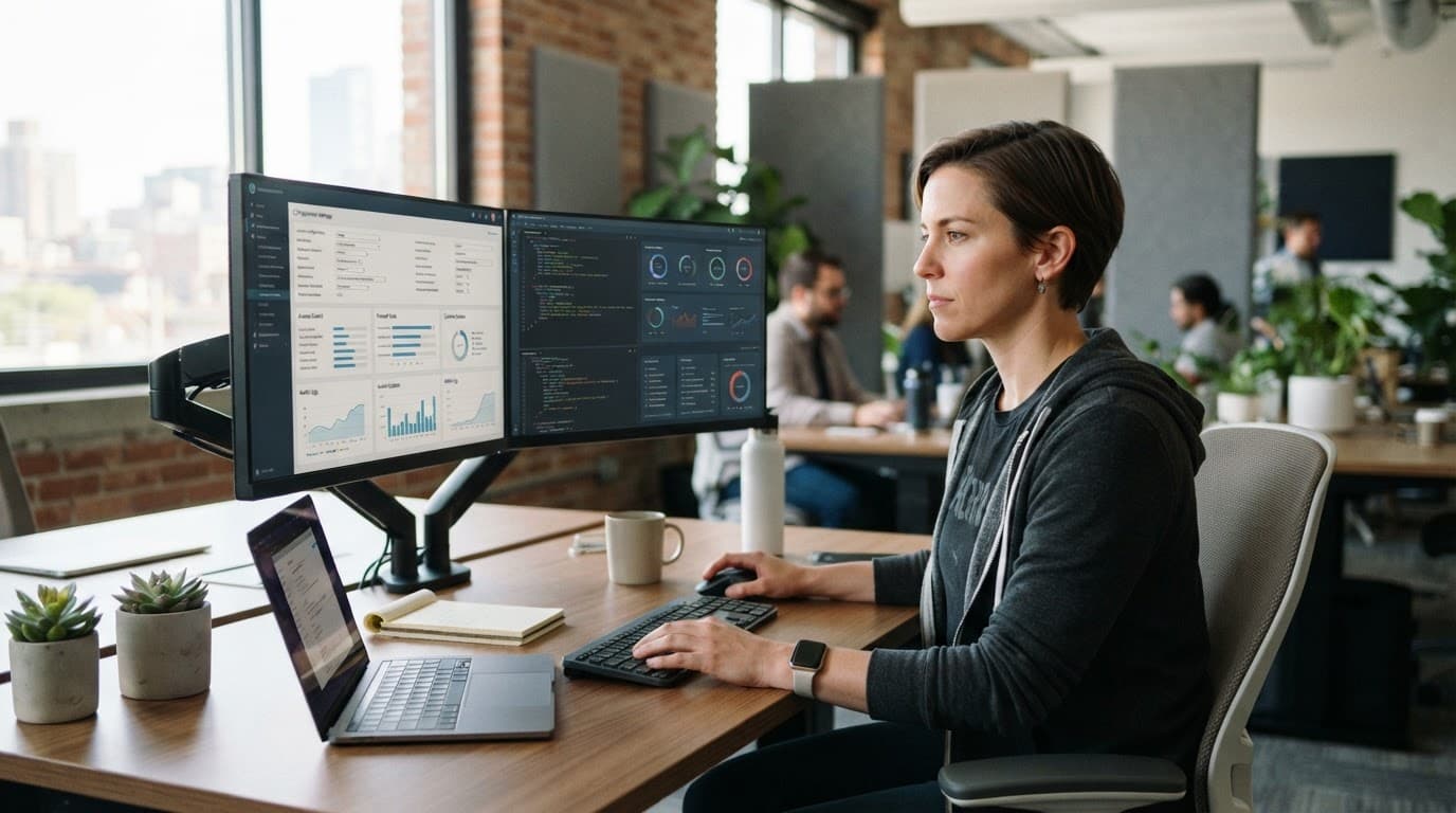 IT professional reviewing settings on two monitors at a bright office desk.