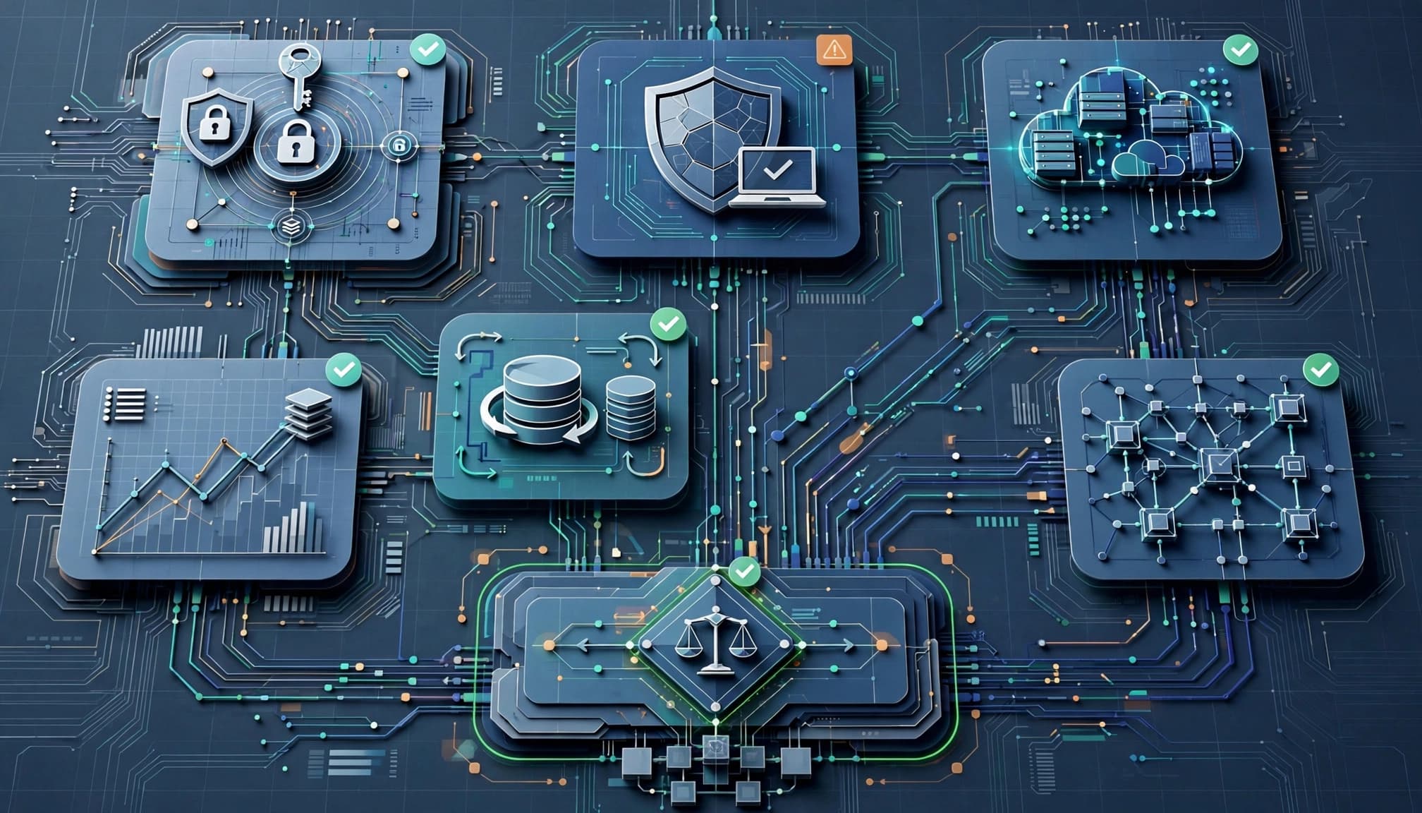 Technical IT evidence zones connect through secure pathways to a central risk panel.