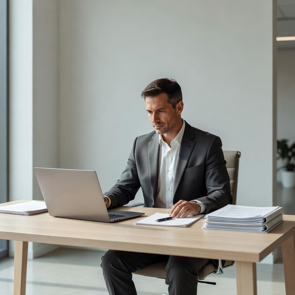 An IT professional sits at a tidy desk reviewing compliance documentation on a laptop screen. Bright ambient light fills the minimalist office, highlighting the clean, organized workspace and focused work environment.