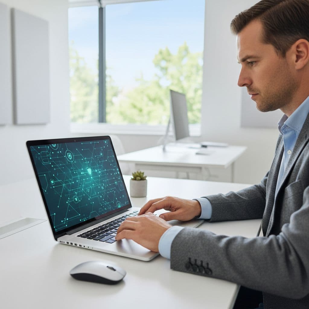 A professional IT manager configures security settings on a laptop in a bright, modern office.