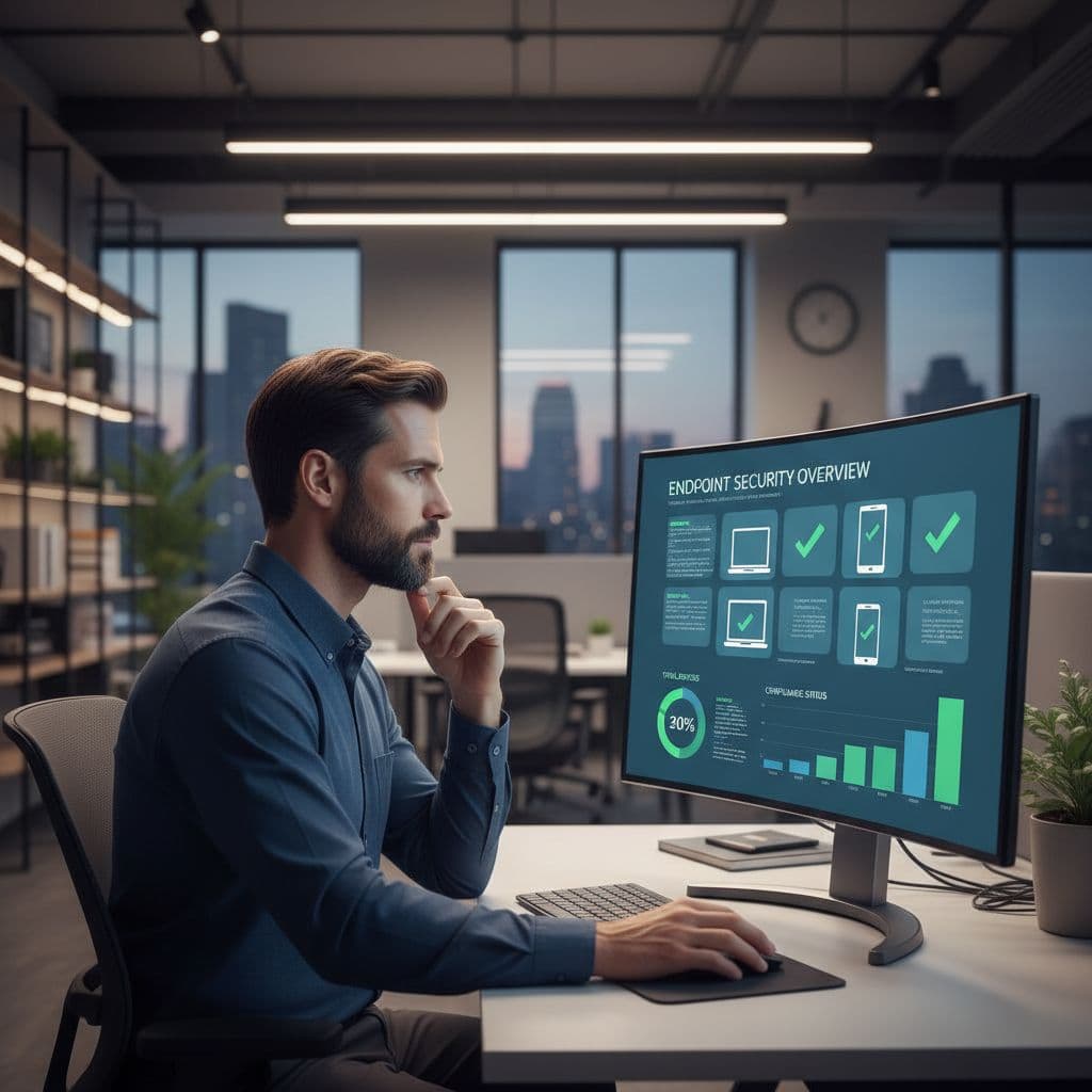 An IT professional sits at a desk viewing a device security dashboard on a computer screen.