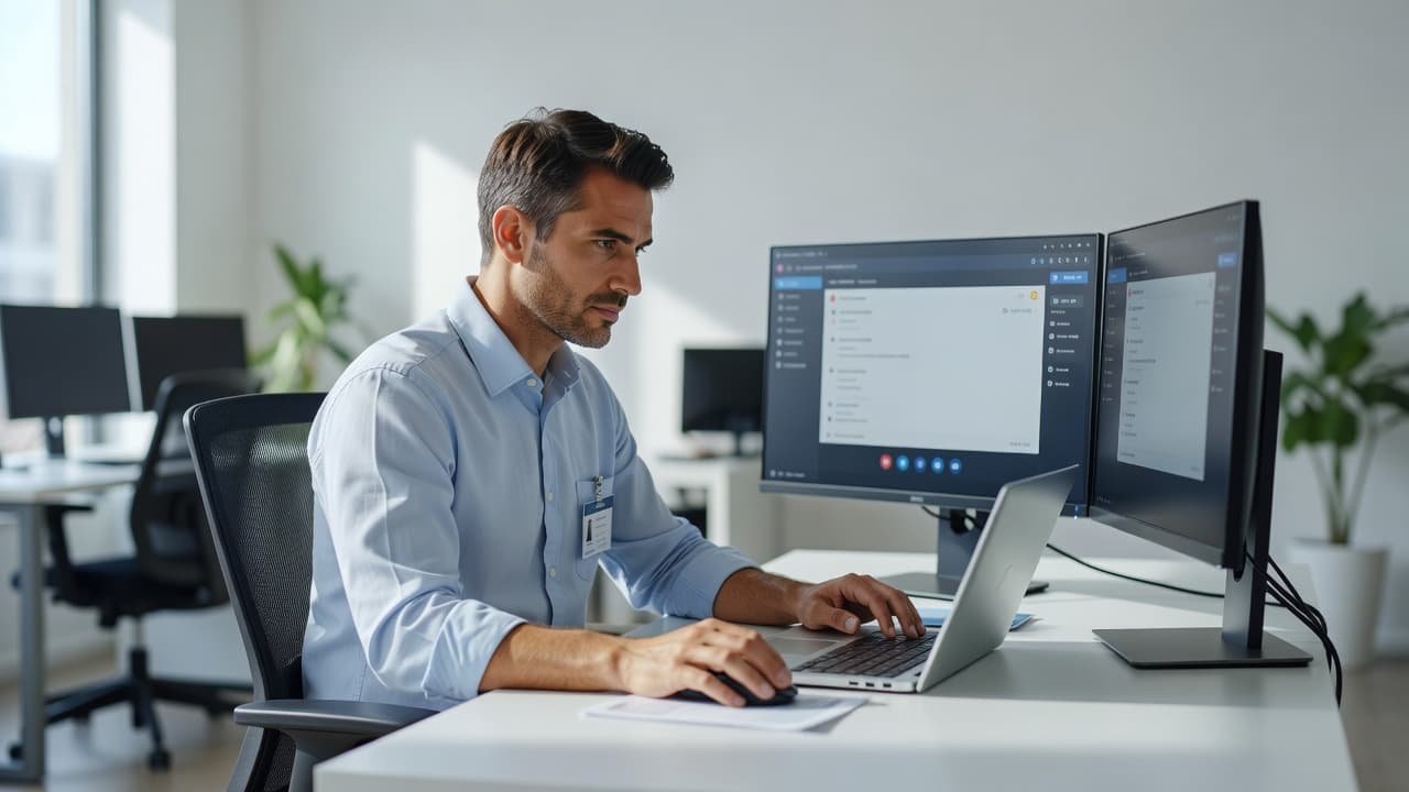 An IT technician sits at a clean desk featuring dual monitors and a laptop to conduct remote support. The bright, modern workspace is filled with soft natural light during the workday.
