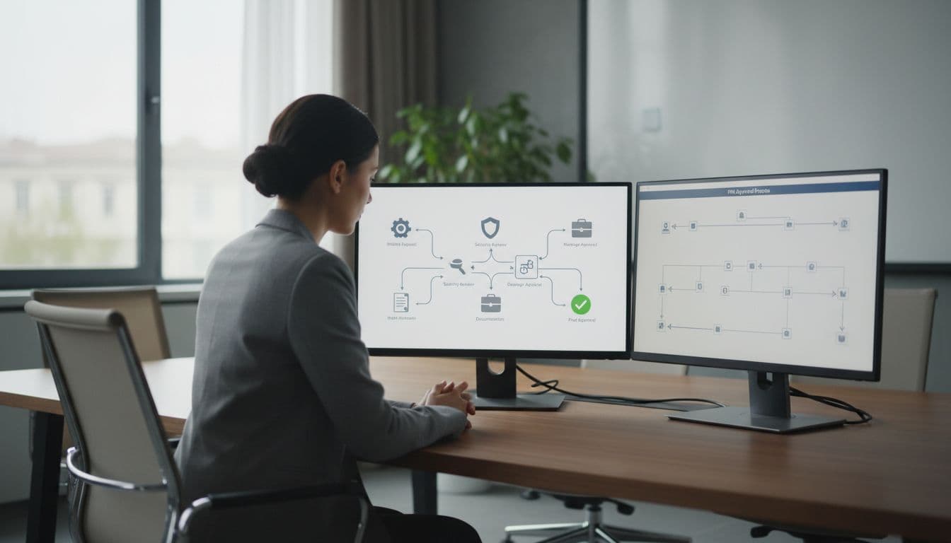 An IT professional at a workstation reviews an approval workflow on dual monitors with flow diagram icons in a modern conference room, focused and hands away from keyboard under natural daylight.