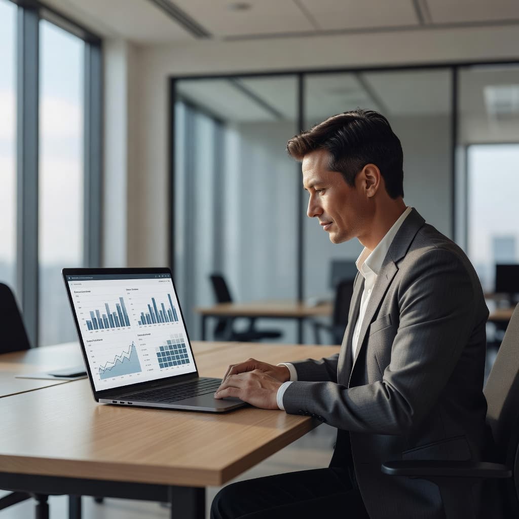 A technician views complex data visualization on a laptop screen while seated in a sunlit office. The focus highlights professional device management within a clean, modern workspace environment during business hours.