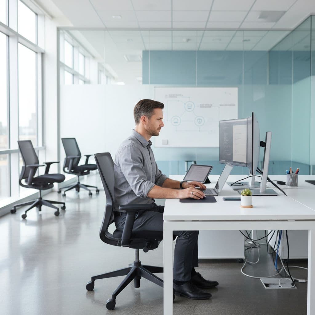 A professional works on a laptop in a brightly lit, modern office environment.
