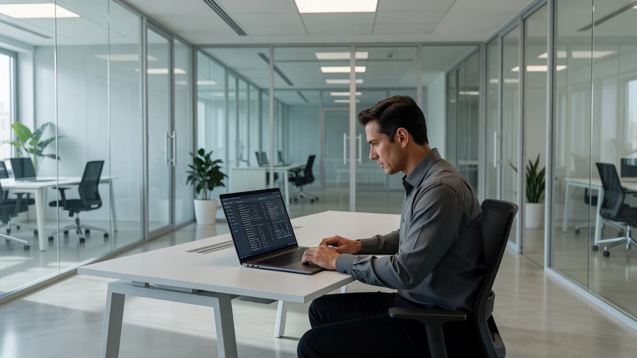 A focused specialist sits at a minimalist workstation reviewing digital security settings on a laptop. The bright office features clean lines, neutral tones, and professional lighting to emphasize task concentration.