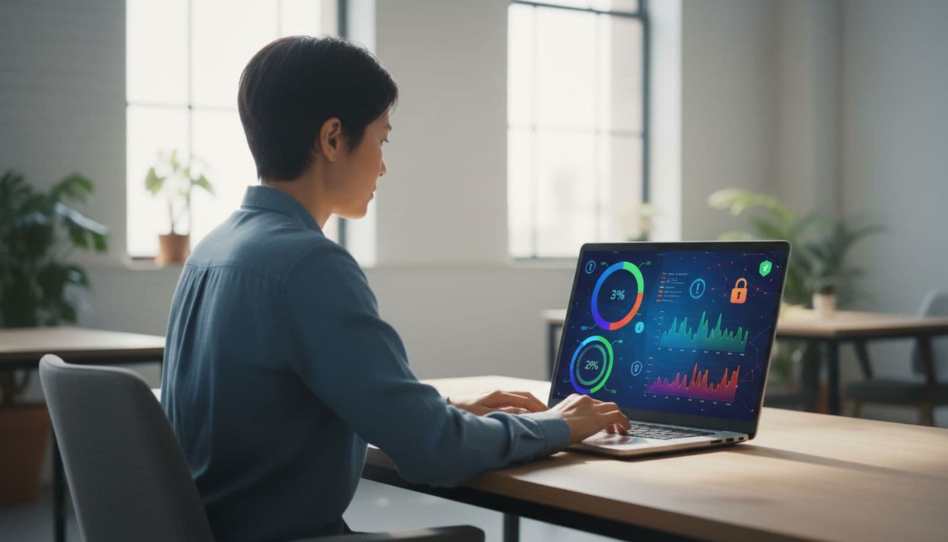 IT security administrator focused on a laptop displaying an abstract Microsoft 365 security dashboard with charts, alerts, and logs in a bright modern office.