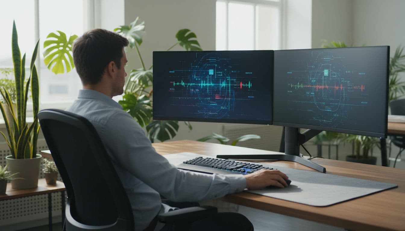 An IT security analyst seated from behind at a modern workstation with dual monitors displaying abstract security dashboard graphs and alerts, in an office with plants and natural daylight. Hands rest naturally on keyboard and mouse, realistic photo style with no text or logos.