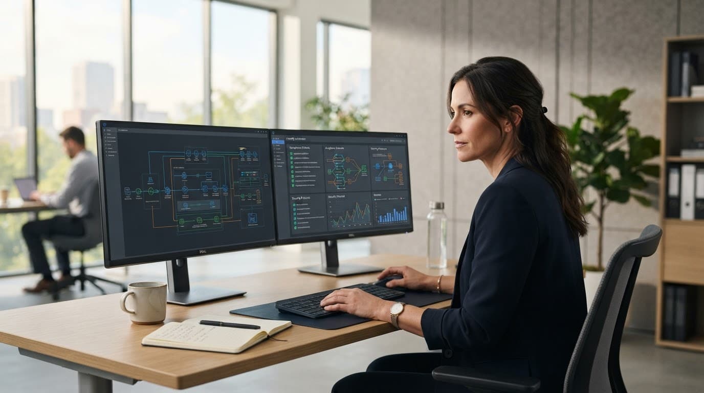 Security professional reviewing architecture on dual monitors at a clean office desk.
