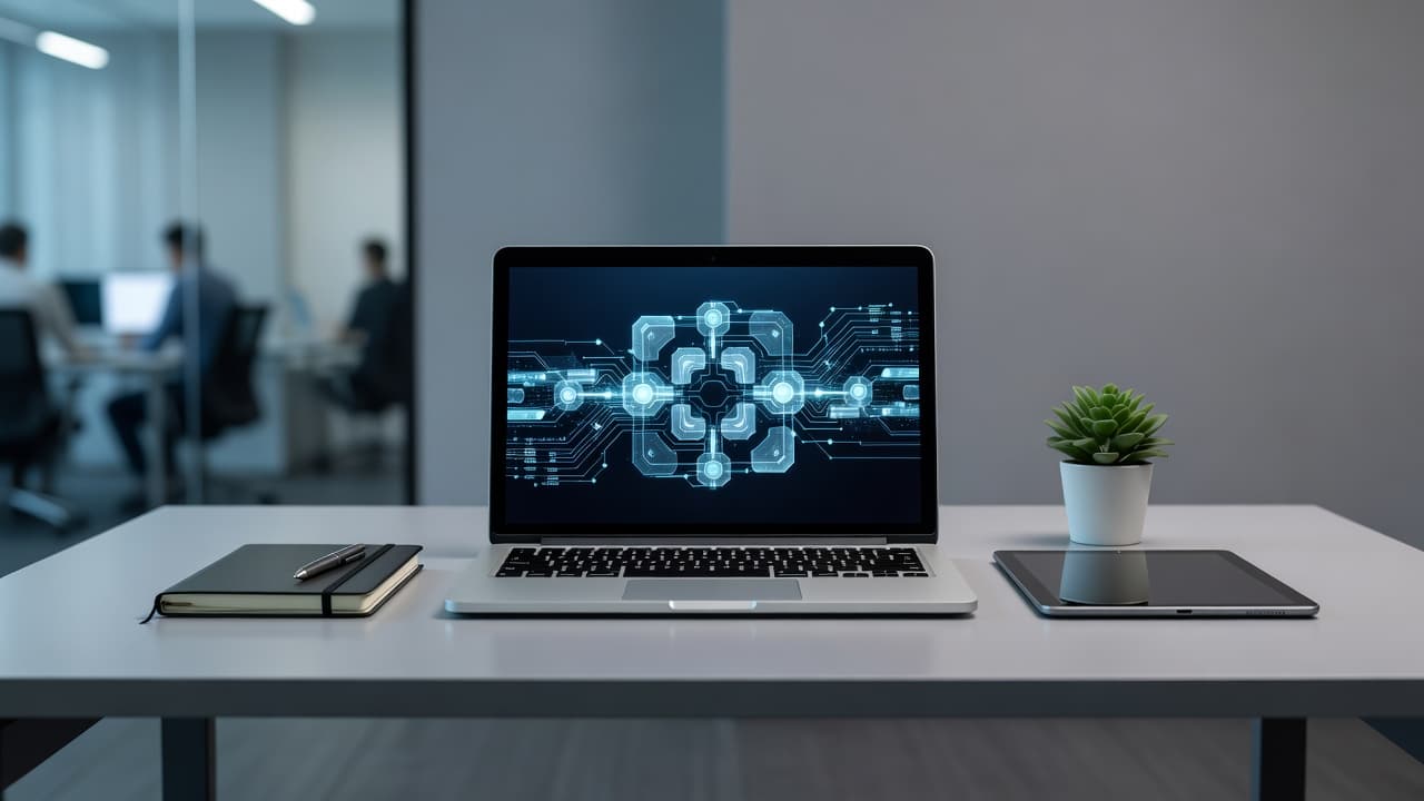 A sleek laptop sits on a polished mahogany desk displaying security dashboard analytics. Beside the computer, a mobile phone confirms identity authentication, symbolizing a secure professional environment managed through updated digital policies.