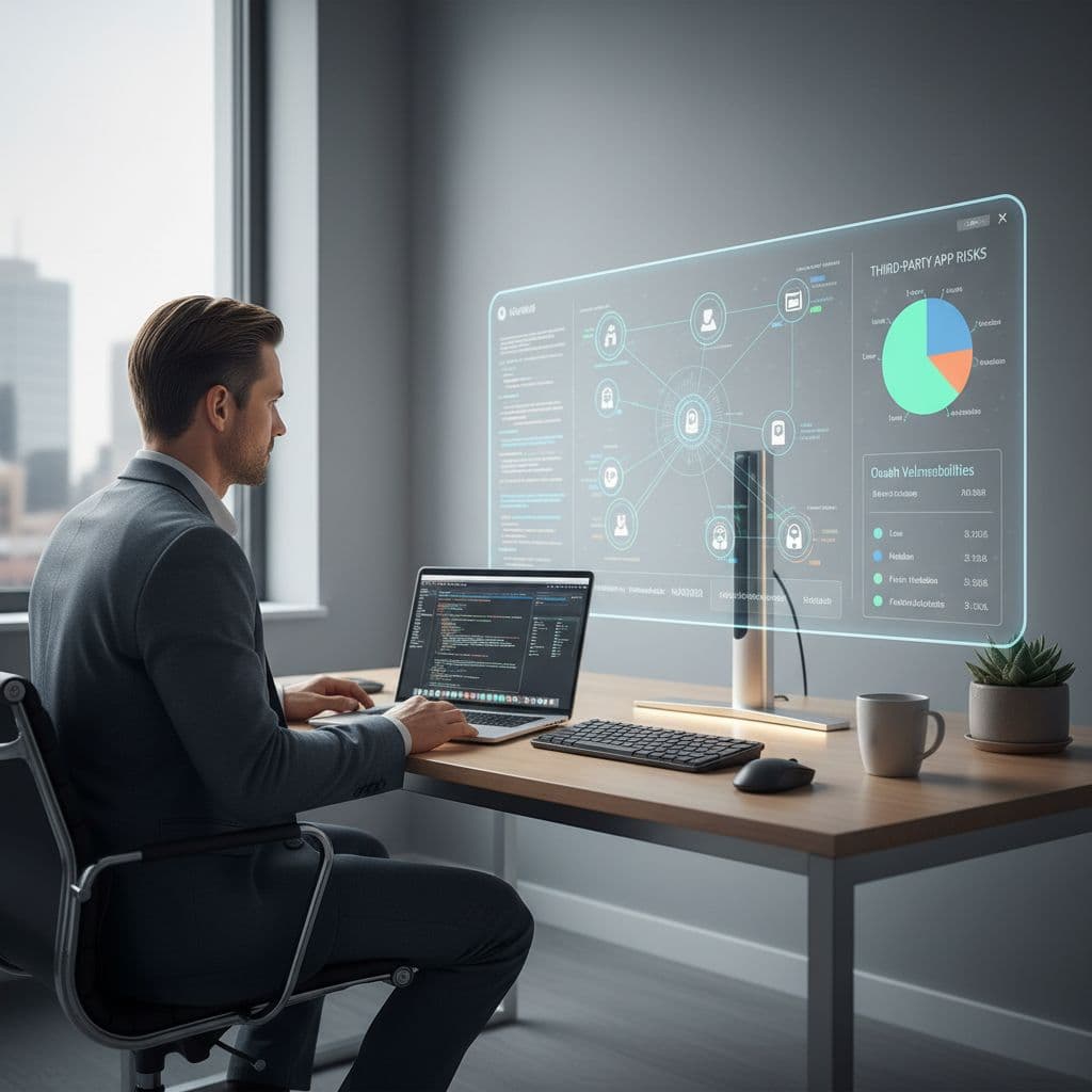 IT security expert at modern desk monitors digital dashboard on laptop.