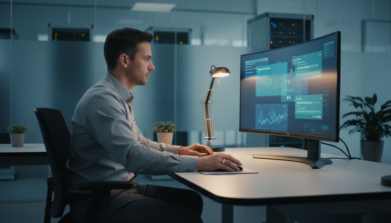 IT security professional in a modern secure office at desk with computer screen showing abstract Entra PIM role assignment and activation logs dashboard, screen slightly blurred no readable text, one person leaning forward focused on mouse.