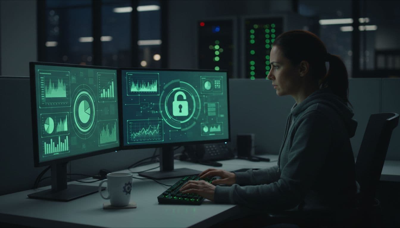 An IT security specialist sits at a desk in a dimly lit office, intently reviewing a compliance dashboard on dual monitors displaying lock icons and charts, with a keyboard and coffee mug nearby under soft green lighting.