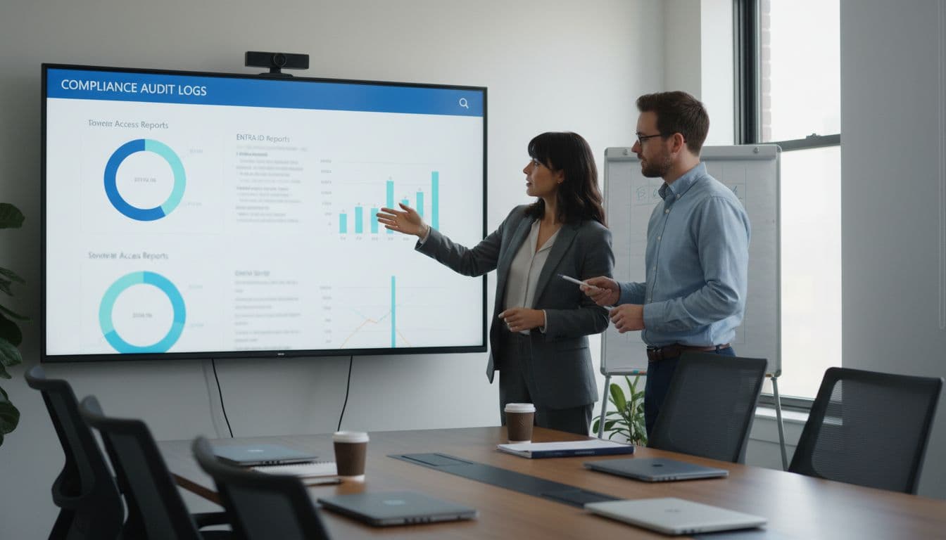 Two professionals in conference room point at access charts on large monitor.