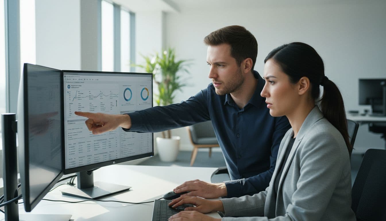 Two IT security analysts in a modern office review incident alerts on dual monitors showing Microsoft Defender XDR dashboard, one pointing at the screen with focused expressions, illustrating team collaboration during initial triage.