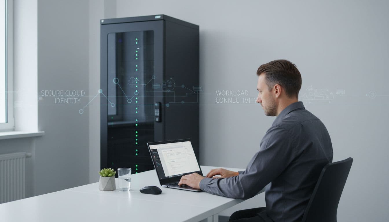 A focused professional sits at a clean workstation with a laptop, while a secure server rack glows in the background. The organized environment emphasizes cloud security and server room maintenance.