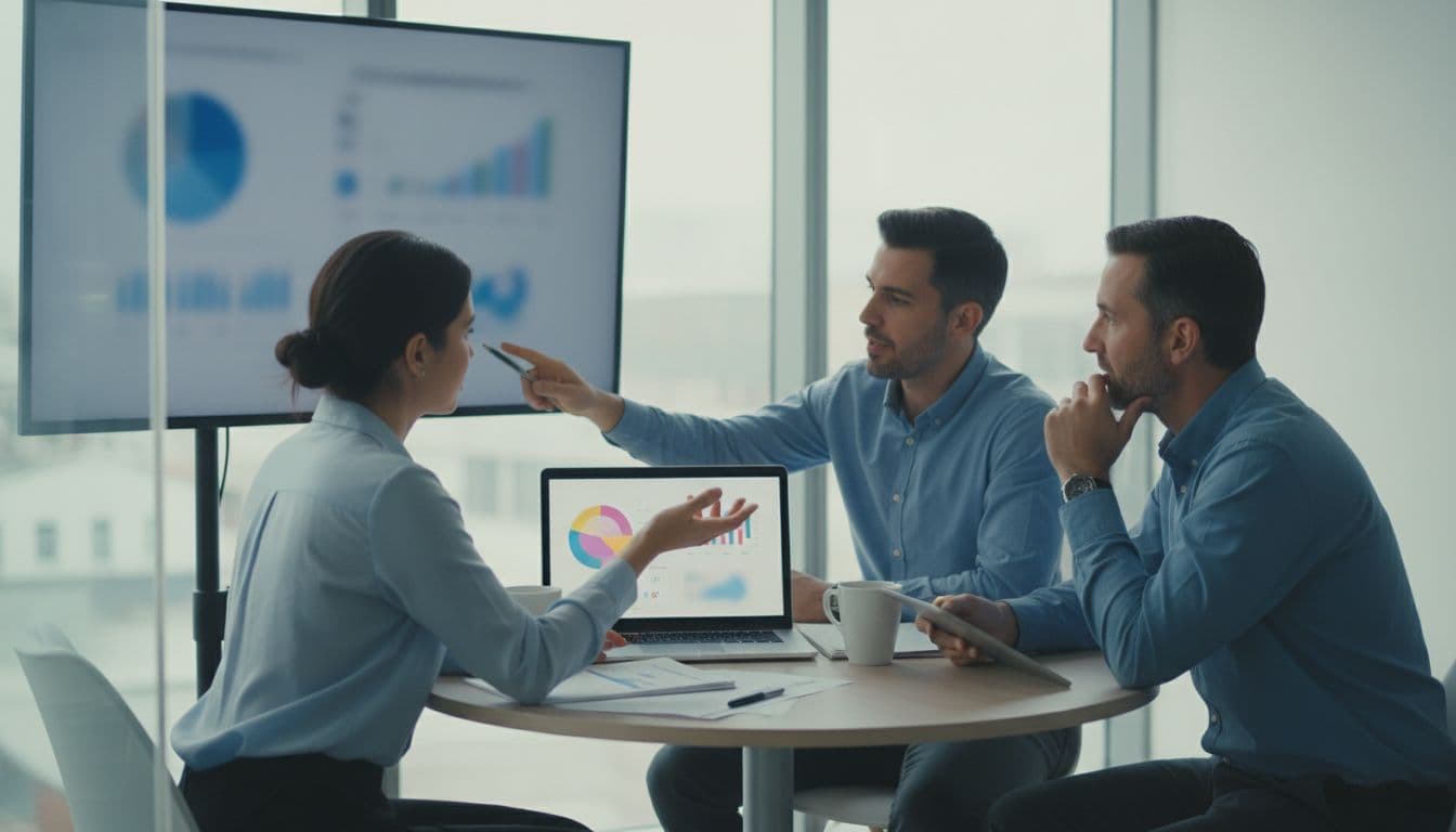 Three professionals in conference room review blurred charts on laptop and wall screen while discussing.