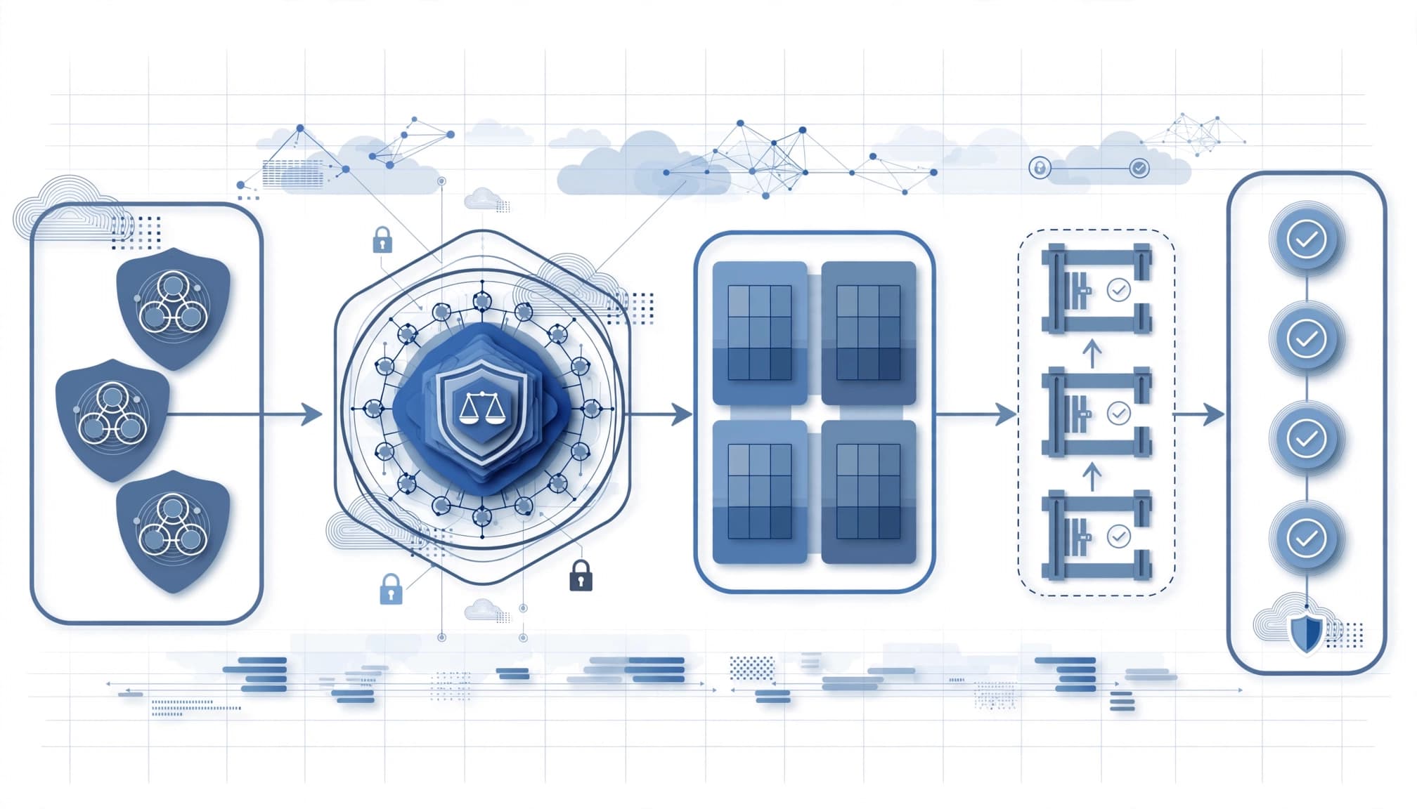 Blue policy nodes connect identity groups, license cards, approvals, and audit checkpoints.
