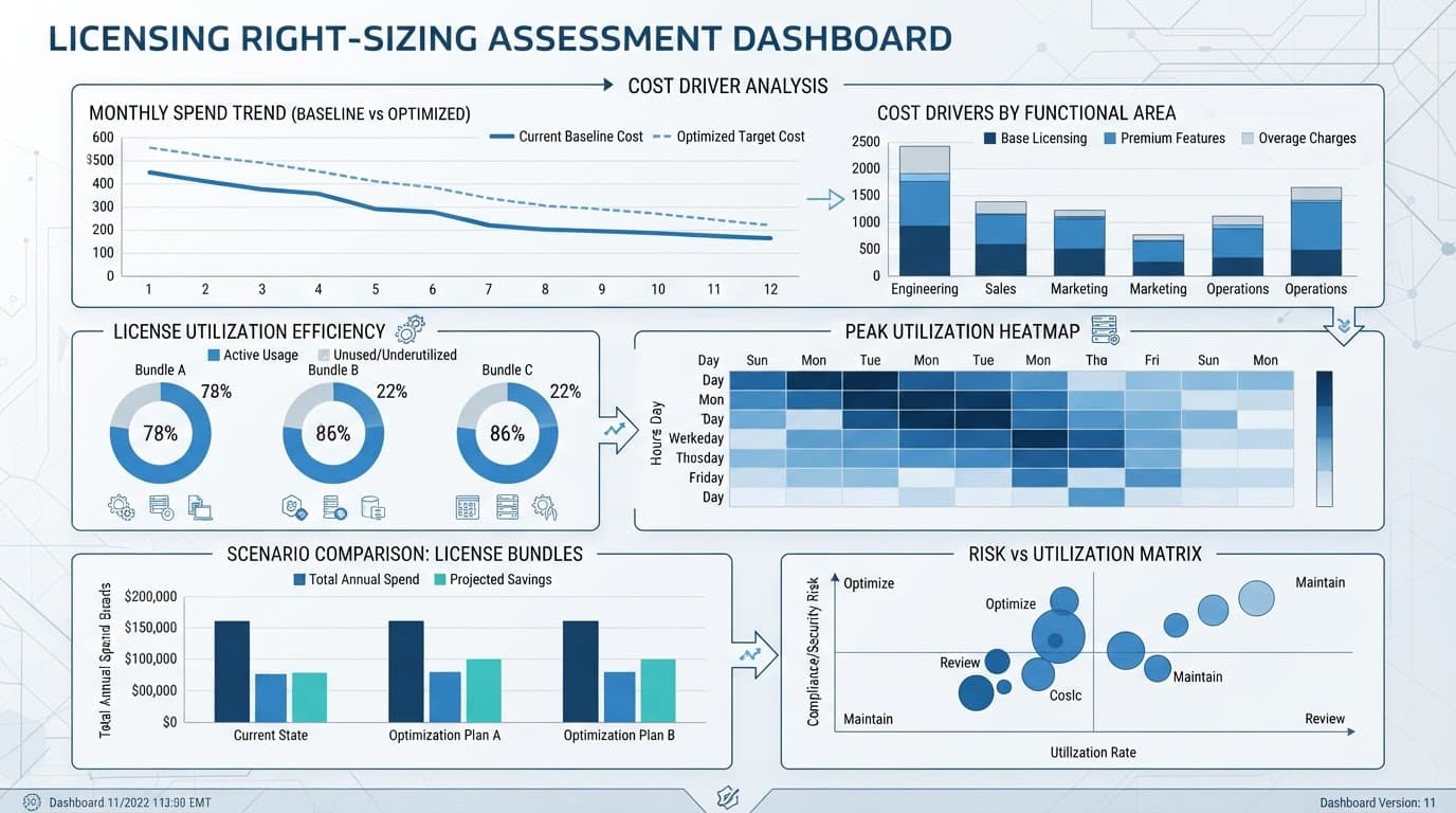 Dashboard comparing software licensing costs and baseline utilization.