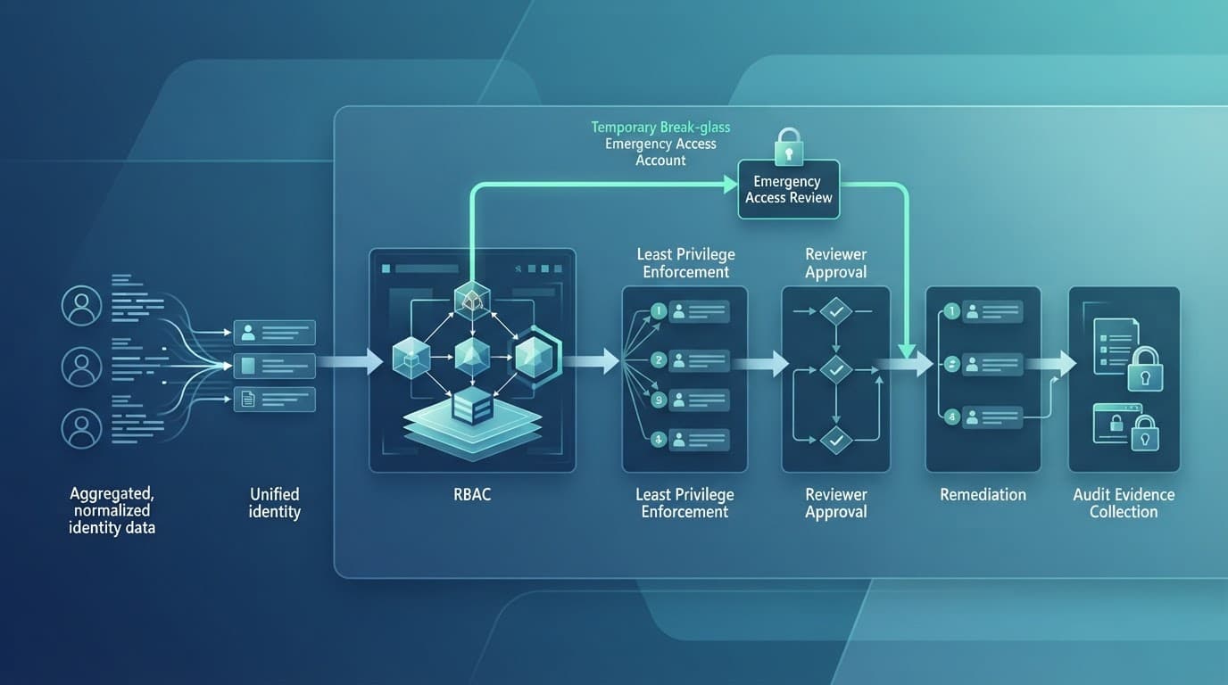 Blue and teal diagram showing identity checks, approval, remediation, and a highlighted exception path.