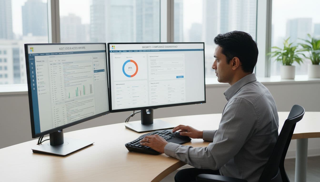 Microsoft 365 admin at desk views security compliance dashboard and audit logs on dual monitors in modern office.