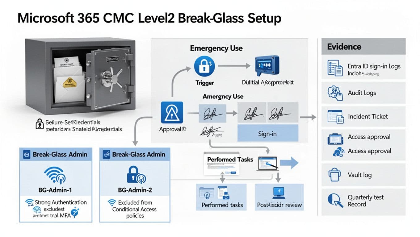 Clean professional flat vector infographic illustrating Microsoft 365 CMMC Level 2 break-glass setup with two BG-Admin accounts, secure credential vault, emergency use flow, and evidence logs.