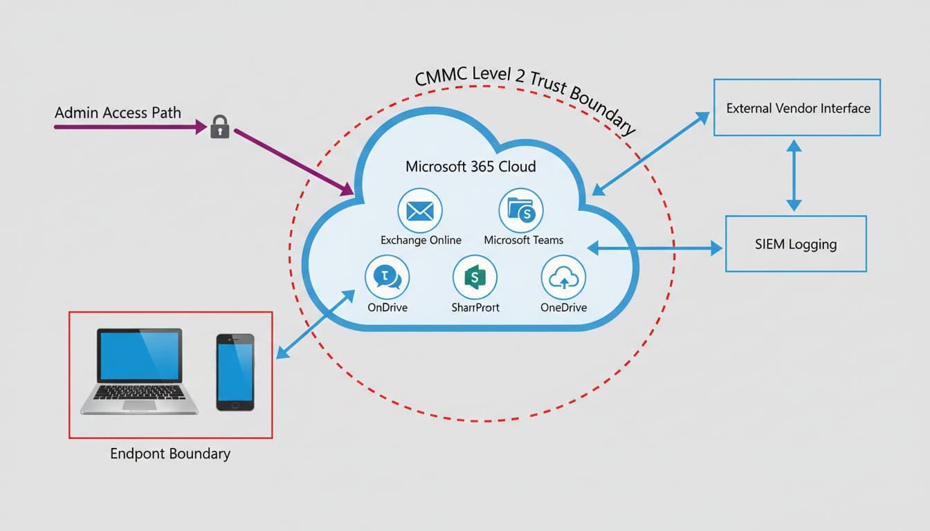 Simple network diagram illustrating Microsoft 365 system boundaries for CMMC Level 2, featuring central cloud with Exchange Online, Teams, SharePoint Online, OneDrive connected by encrypted arrows to endpoints, SIEM, and vendor interfaces.