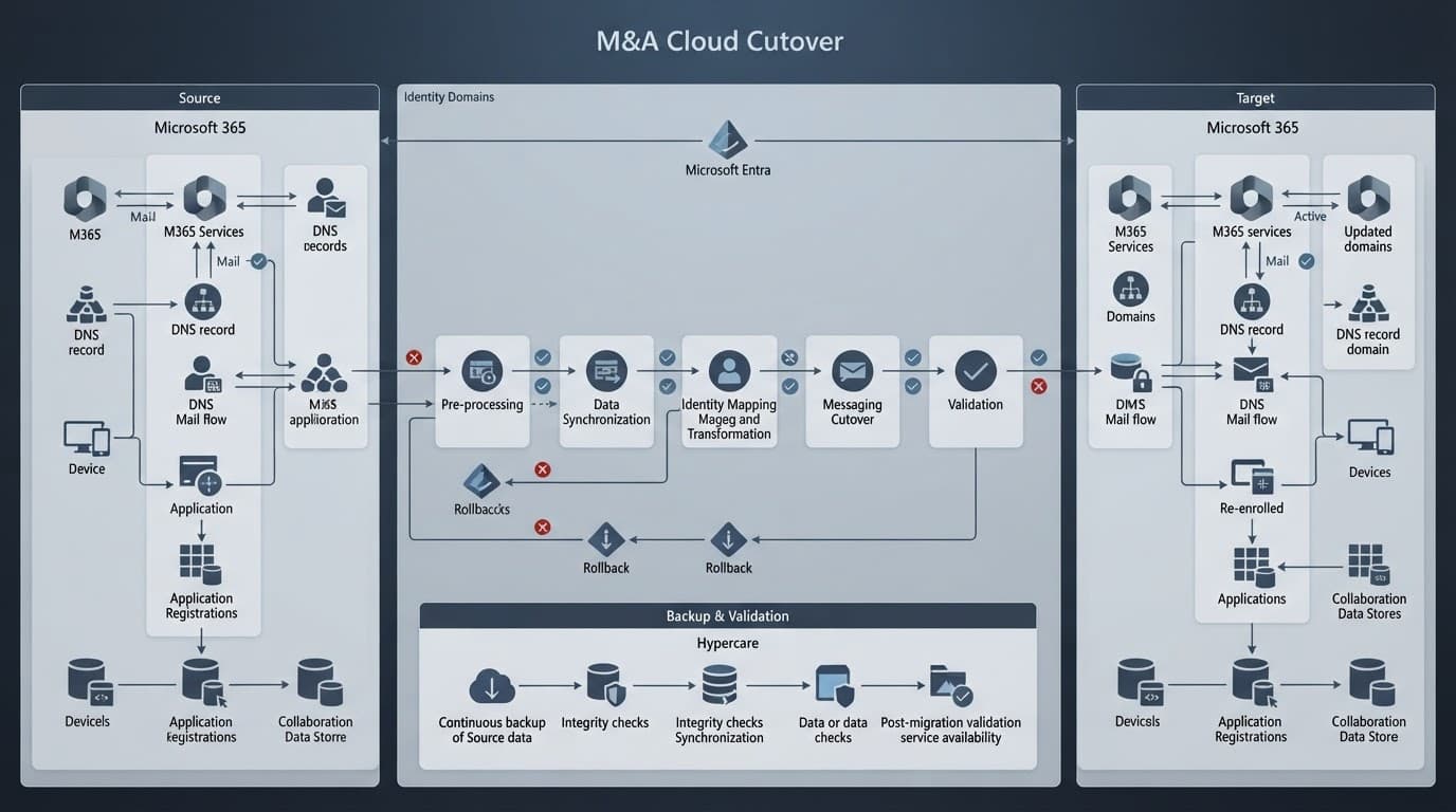 A technical diagram shows Microsoft 365 environments linked through migration, backup, validation, and rollback steps.