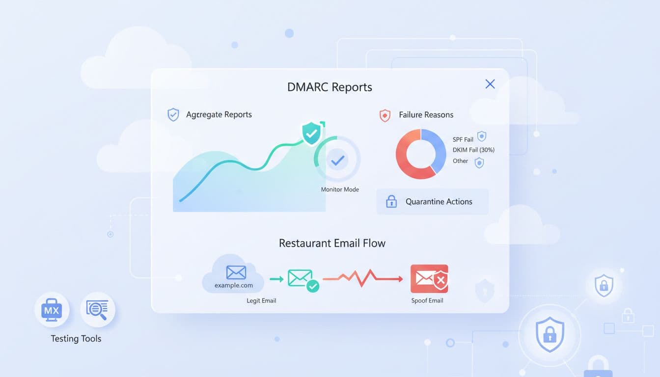 Flat vector illustration in light theme depicting the Microsoft 365 Defender portal dashboard with DMARC aggregate reports graph, failure reasons pie chart for SPF and DKIM, quarantine actions, restaurant email flow diagram, and testing tools icons.