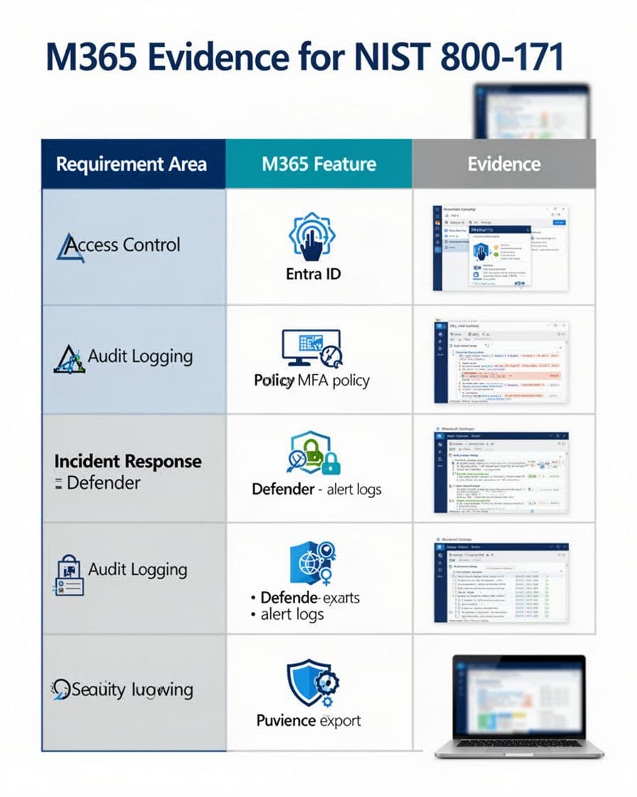 A clean, professional flat vector infographic in Microsoft 365 colors depicting an evidence matrix for NIST 800-171 compliance. It features a portrait-layout table with columns for Requirement Area, M365 Feature, and Evidence, including 6 sample rows with icons and a subtle laptop icon in the corner.