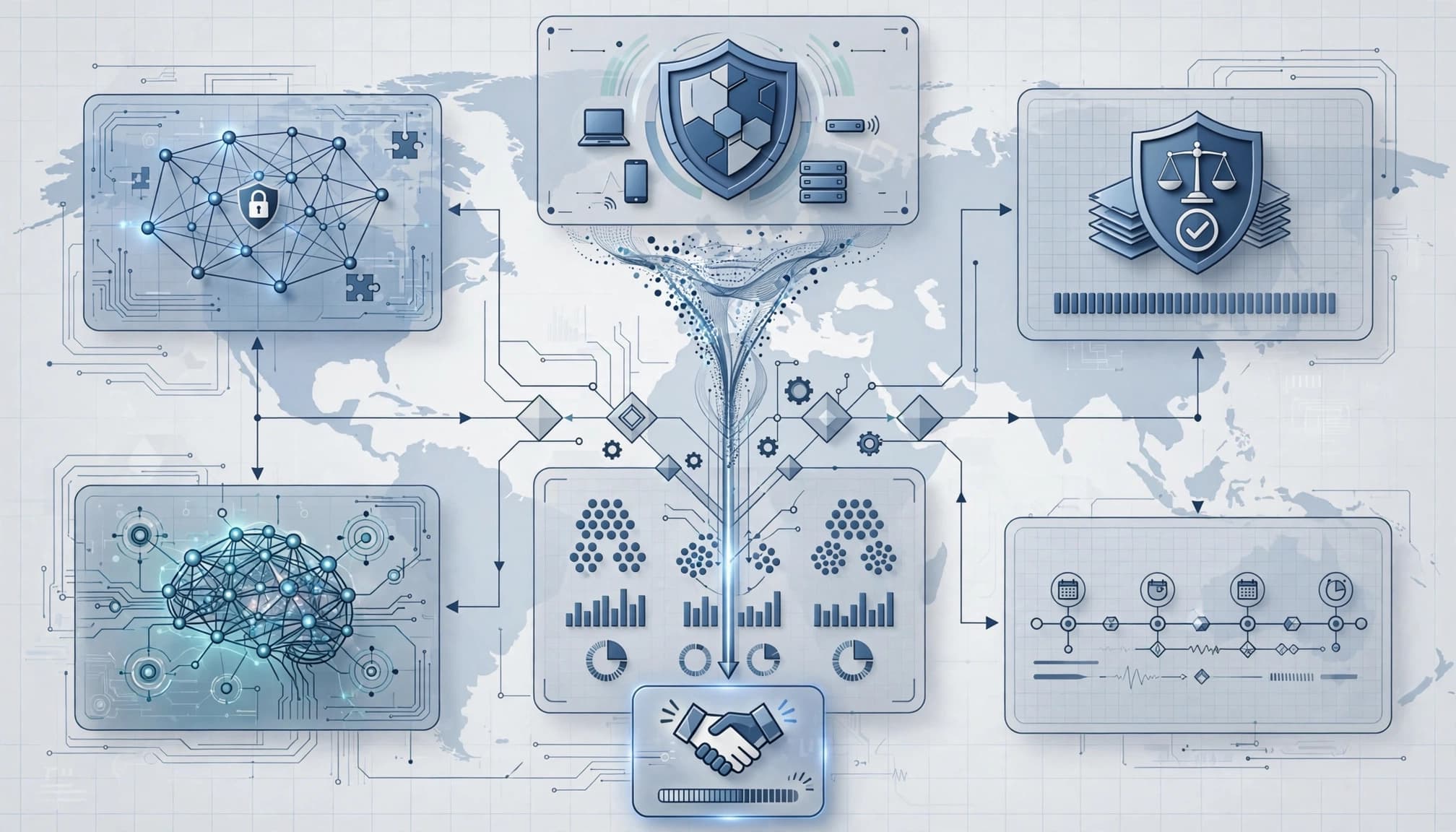 Enterprise dashboard linking security, compliance, user groups, and renewal planning.