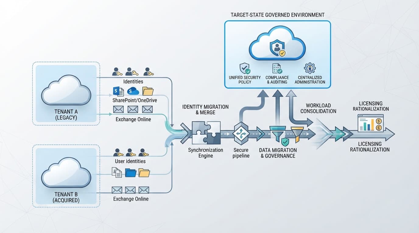 Two secure cloud environments merging into one governed Microsoft 365 architecture.