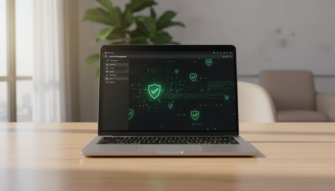 Silver MacBook Pro on office desk displays device management dashboard with green checkmarks and shield icons.