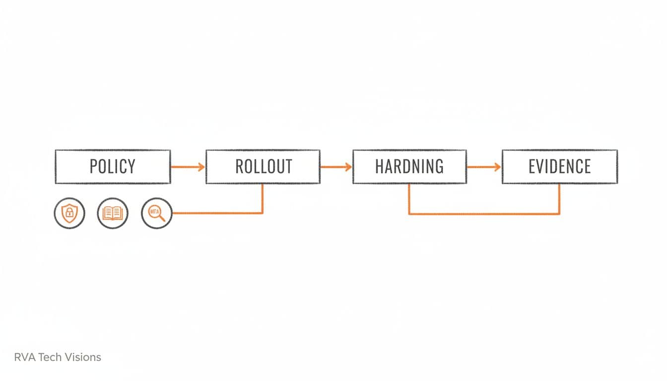 Minimalist editorial illustration in sketch-style line art with soft pencil texture and bold orange accents on a clean white background, depicting a horizontal roadmap timeline with phases: policy, rollout, hardening, evidence, including icons for MFA setup, training, and tests. Features RVA Tech Visions watermark in lower left.