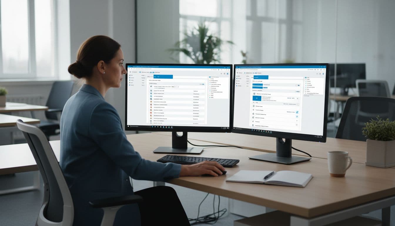 IT administrator at a desk in a modern office, viewing Microsoft 365 admin center on dual monitors showing shared mailbox permissions settings, focused expression, professional setup with notebook and coffee mug.