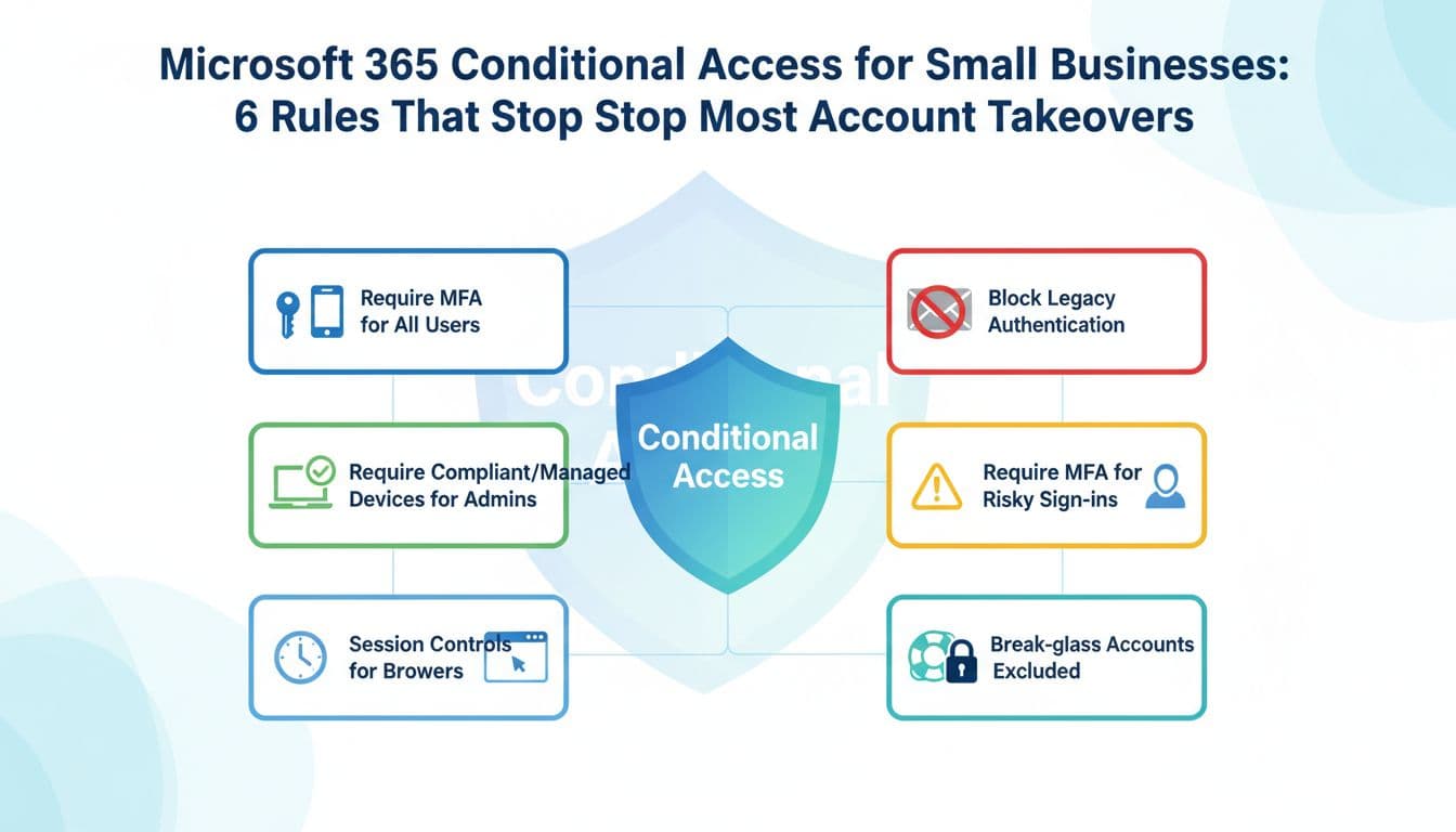 A clean, modern flat-vector infographic featuring a central shield icon for Conditional Access connected to six tiles outlining key rules to prevent account takeovers, including MFA requirements and blocking legacy authentication.