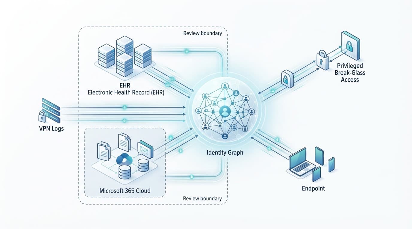 Identity graph linking an EHR, cloud services, VPN logs, devices, and emergency access paths.