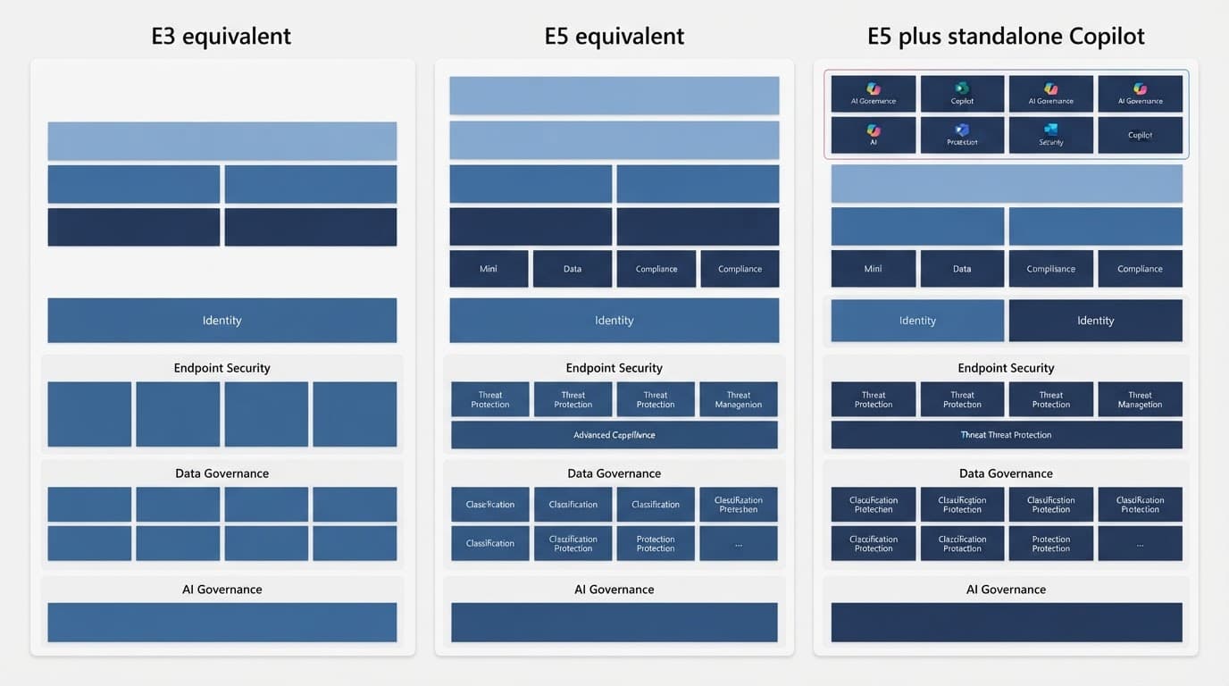 Three blue architecture columns compare enterprise licensing and security coverage.