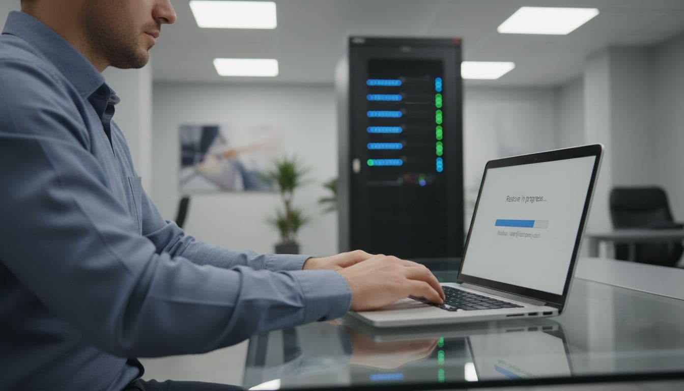 A professional at a workstation performs a Microsoft 365 mailbox restore test, with an angled laptop screen displaying a generic restore progress bar against a blurred office background featuring a secure server rack.