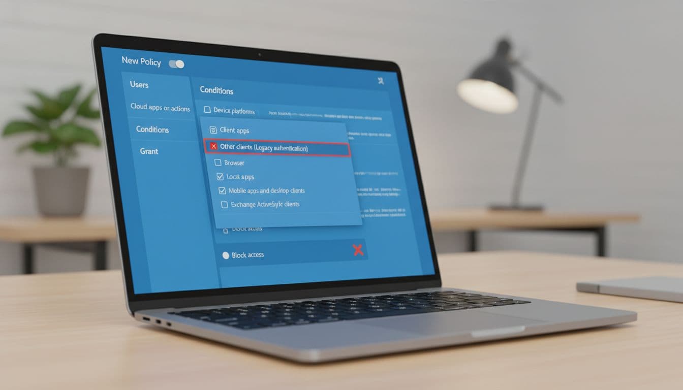 Microsoft Entra ID Conditional Access policy editor screen configuring block for legacy authentication on a laptop in a modern workspace, focusing on the conditions panel for legacy auth clients with realistic style and bright lighting.