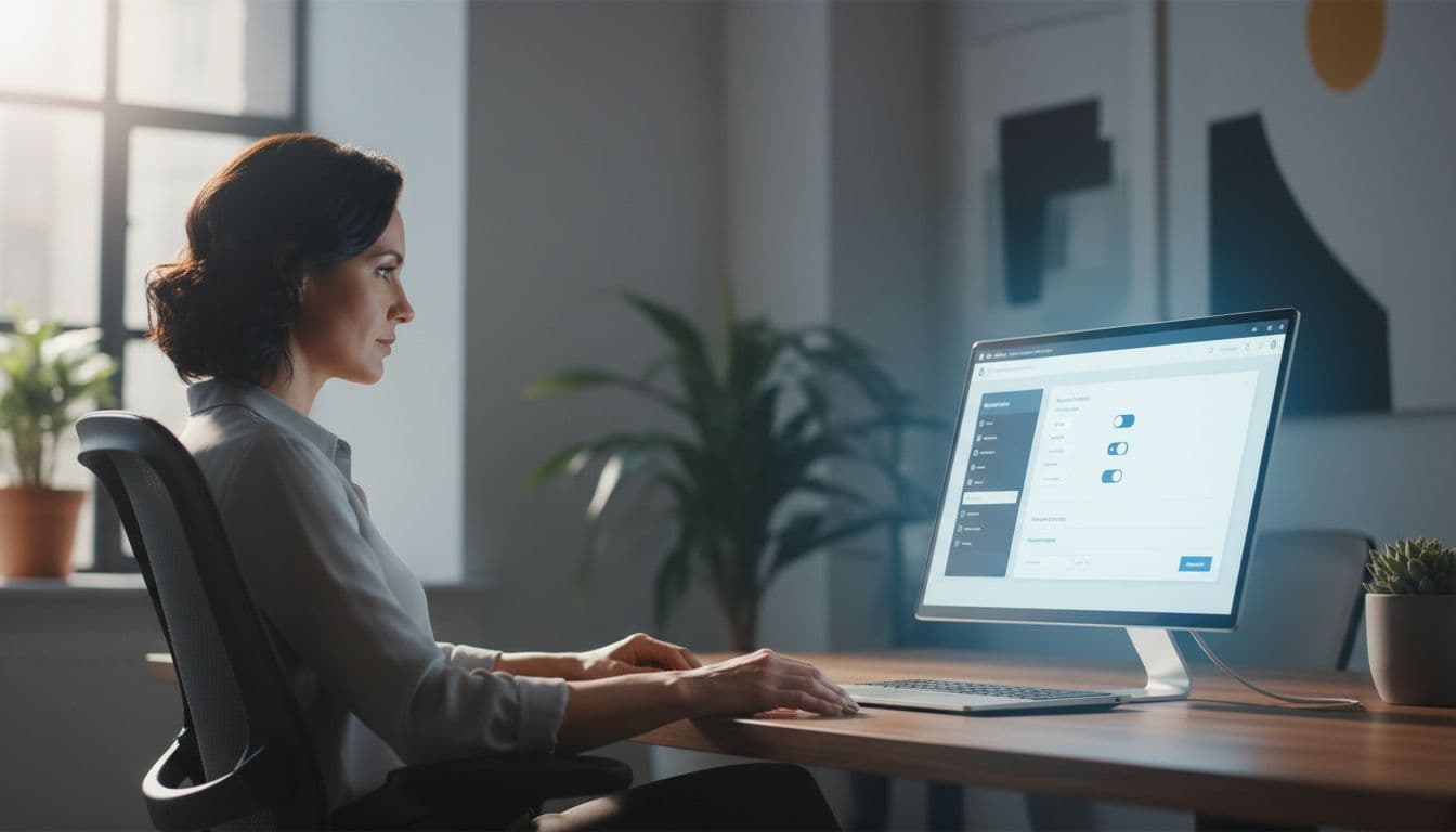 IT professional seated in modern office viewing laptop screen displaying Microsoft Entra ID admin center consent workflow configuration with toggles and reviewer options, realistic photo in natural daylight.